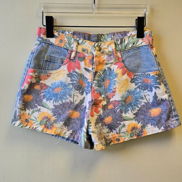 Vintage Paris Blues Floral Denim High-Waisted Retro Soft Girl Shorts 27 Rare - Picture 1 of 8